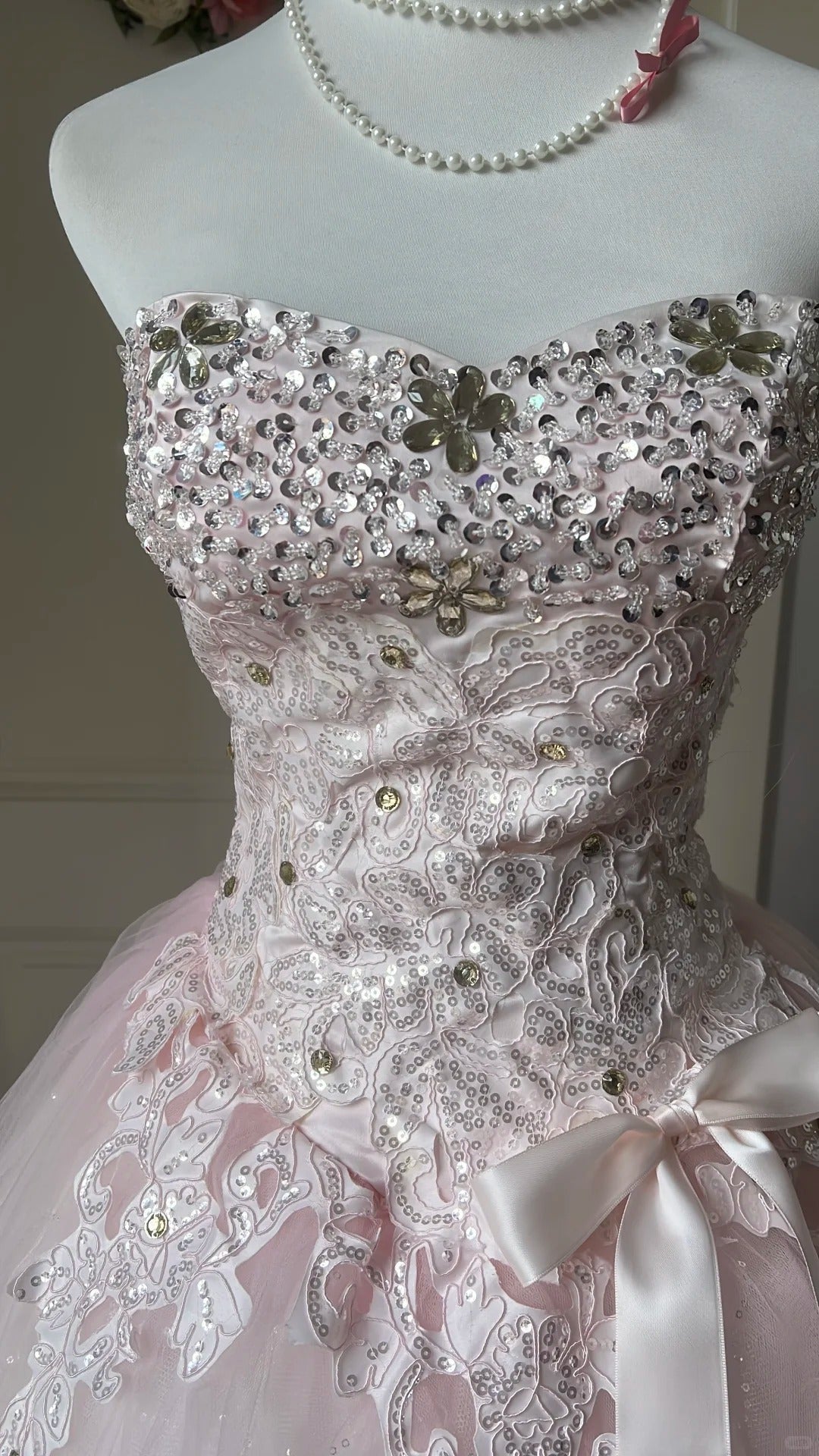 Princess Pink Ball Gown Sweetheart Bow Rhinestone Appliques Tulle Dress Quinceanera Dress 16 L573