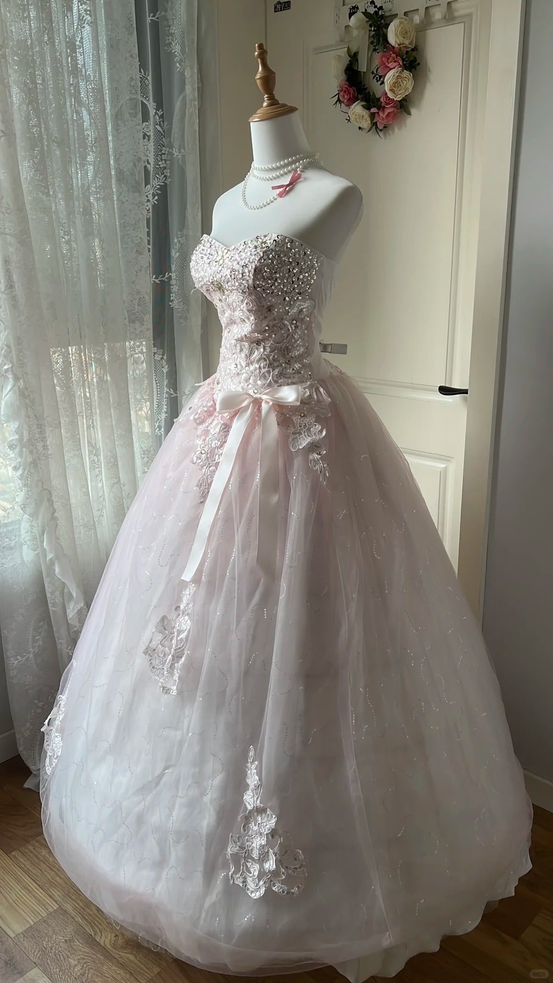 Princess Pink Ball Gown Sweetheart Bow Rhinestone Appliques Tulle Dress Quinceanera Dress 16 L573