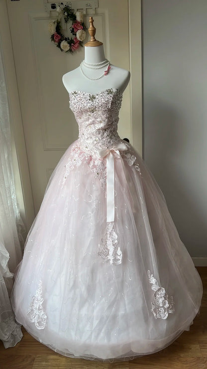 Princess Pink Ball Gown Sweetheart Bow Rhinestone Appliques Tulle Dress Quinceanera Dress 16 L573