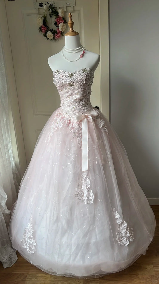 Princess Pink Ball Gown Sweetheart Bow Rhinestone Appliques Tulle Dress Quinceanera Dress 16 L573