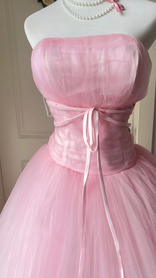 Feminine Pink Ball Gown Strapless Lace-Up Back Tulle Dress Quinceanera Dress 16 L574