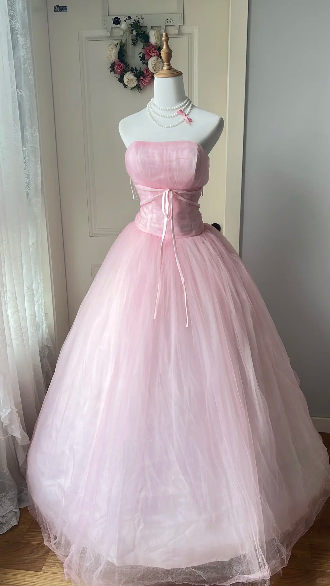 Feminine Pink Ball Gown Strapless Lace-Up Back Tulle Dress Quinceanera Dress 16 L574