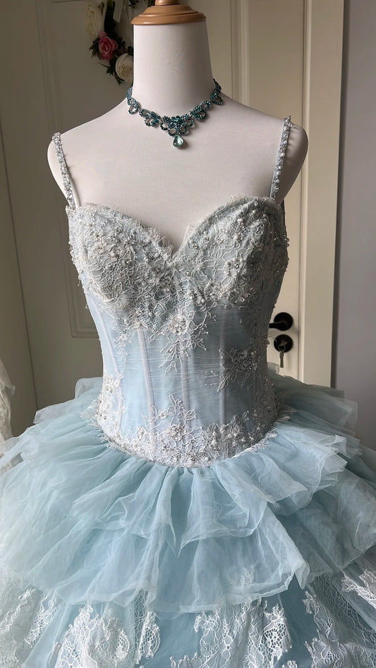 Princess Light Blue Ball Gown Spaghetti Strap Appliques Beaded Tulle Dress Quinceanera Dress 16 L575
