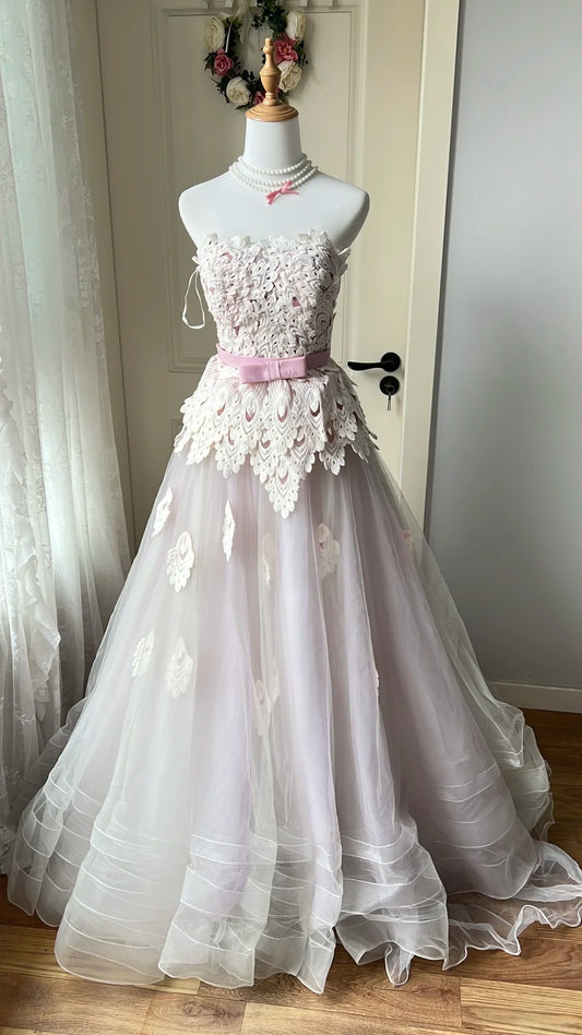 Chic Pink A-Line Strapless Appliques Bow Tulle Dress Prom Dress Evening Dress L576