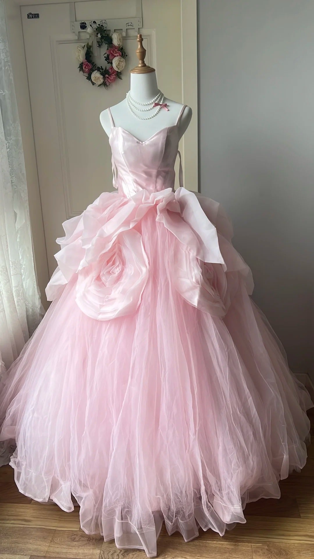 Sweet Pink Ball Gown Spaghetti Strap Floral Tulle Dress Quinceanera Dress 16 L577