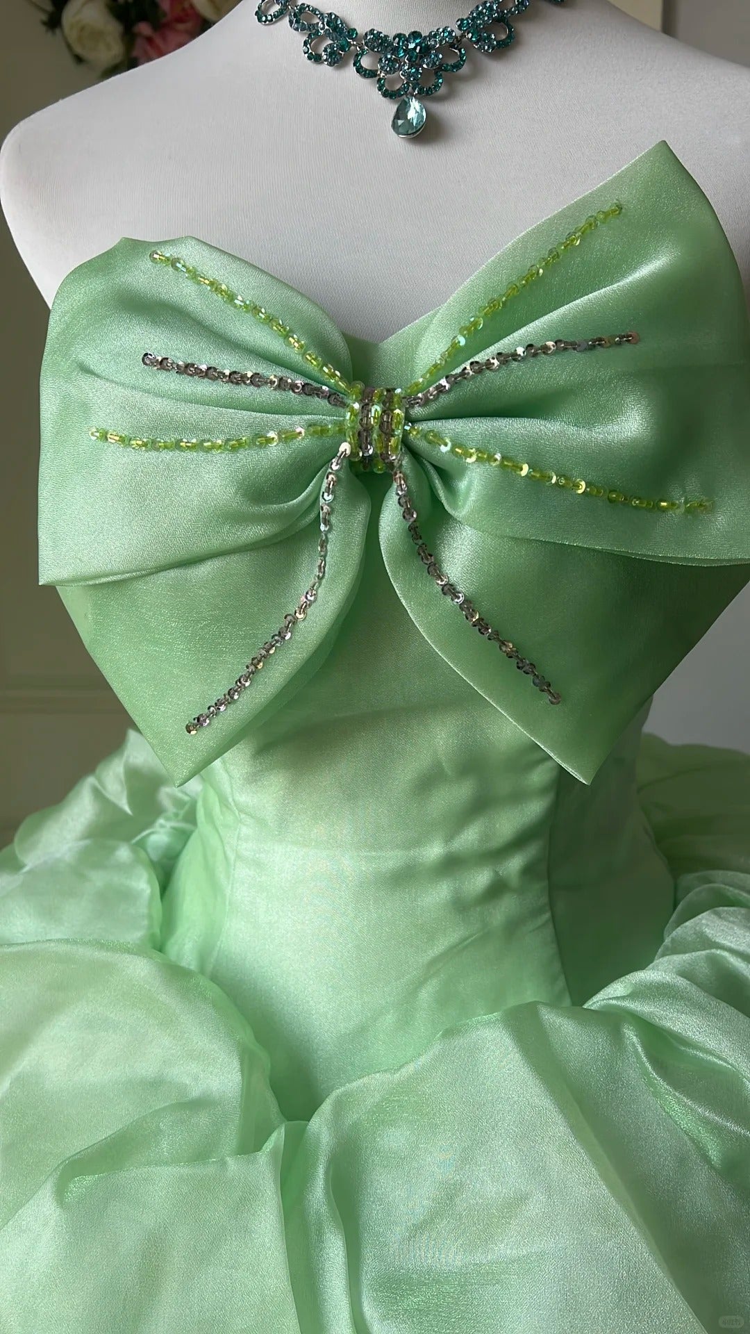 Princess Mint Green Ball Gown Strapless Bow Rhinestone Tulle Dress Quinceanera Dress 16 L578
