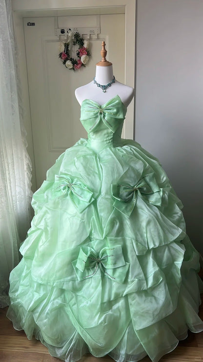 Princess Mint Green Ball Gown Strapless Bow Rhinestone Tulle Dress Quinceanera Dress 16 L578