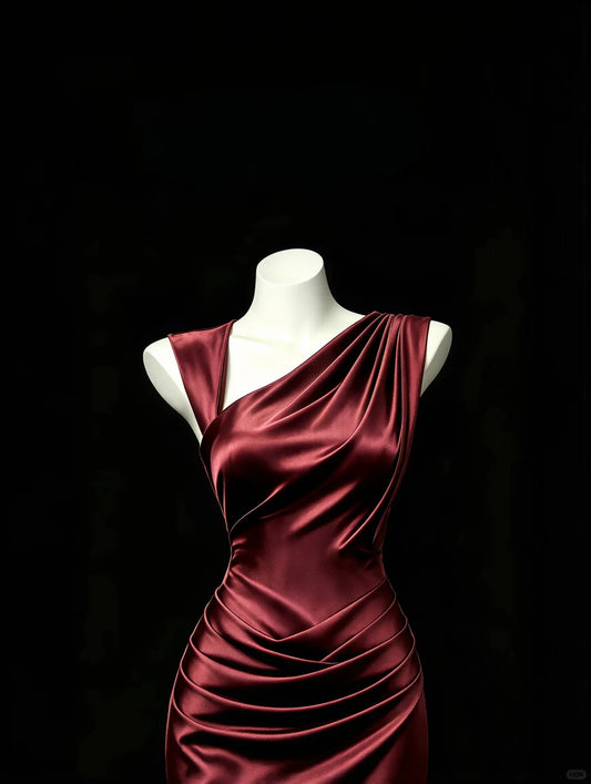 Classy Burgundy Mermaid Asymmetrical Neck Ruched Satin Dress Prom Dress Evening Dress L579