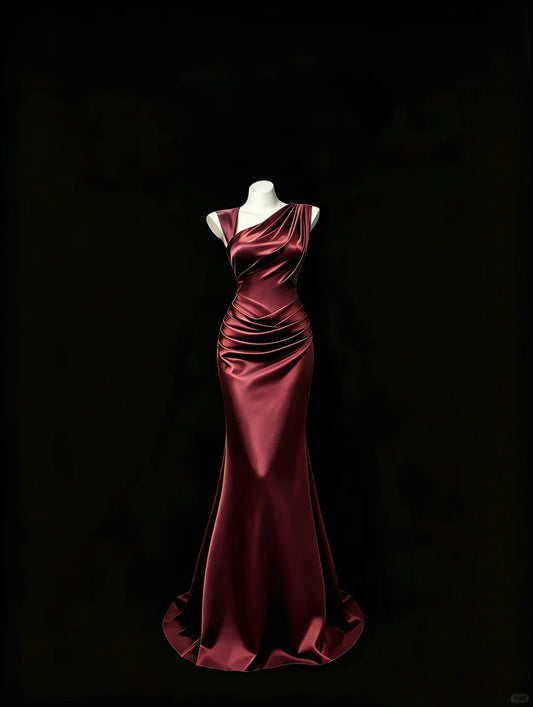 Classy Burgundy Mermaid Asymmetrical Neck Ruched Satin Dress Prom Dress Evening Dress L579
