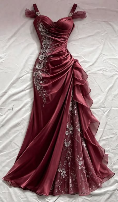 Vintage Burgundy Mermaid Spaghetti Straps Appliquesem Broidery Beaded Satin Prom Dress L58