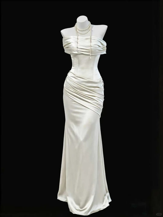 Elegant White Mermaid Off-The-Shoulder Ruched Satin Dress Prom Dress Evening Dress L581