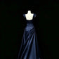 Classy Navy A-Line Square Ruched Satin Dress Prom Dress Evening Dress L582