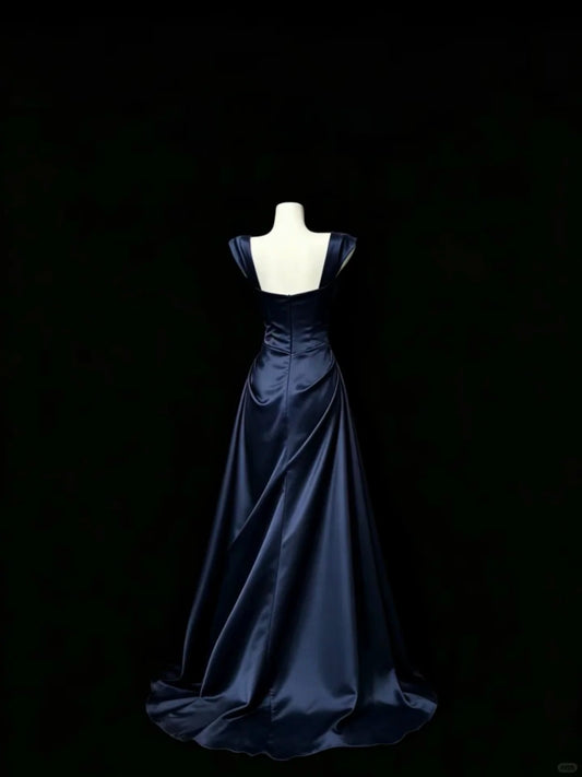 Classy Navy A-Line Square Ruched Satin Dress Prom Dress Evening Dress L582