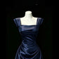 Classy Navy A-Line Square Ruched Satin Dress Prom Dress Evening Dress L582