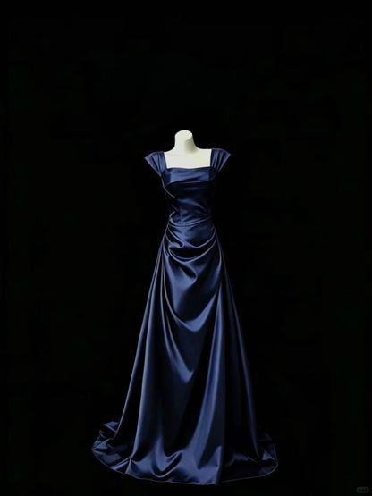 Classy Navy A-Line Square Ruched Satin Dress Prom Dress Evening Dress L582