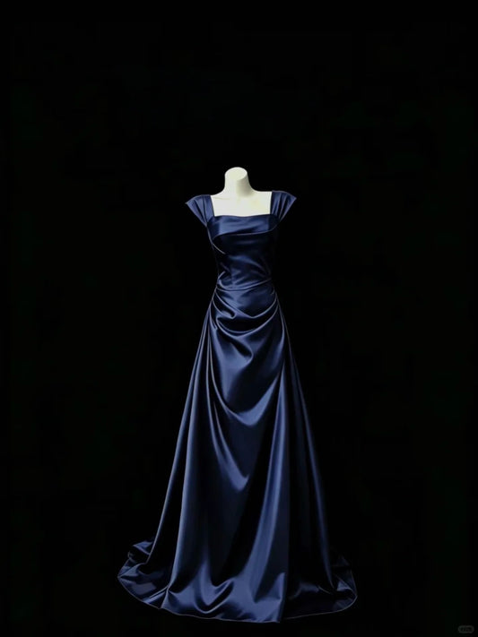Classy Navy A-Line Square Ruched Satin Dress Prom Dress Evening Dress L582