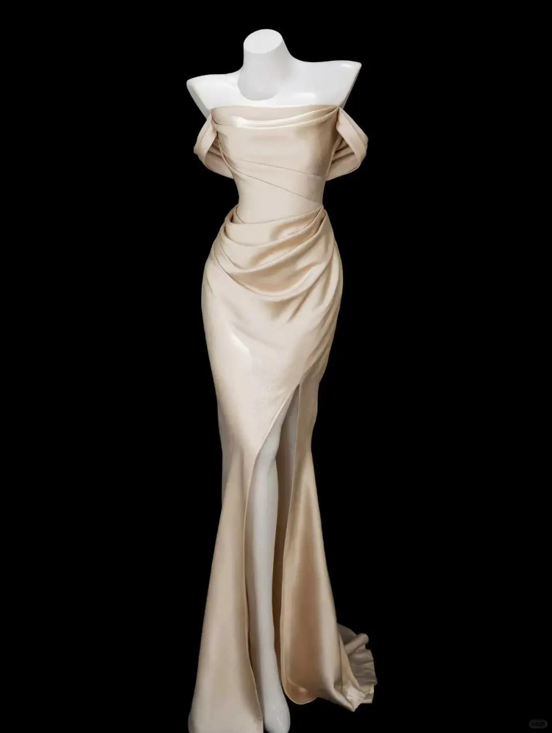 Classy Light Golden Mermaid Off-The-Shoulder Slit Ruched Satin Dress Prom Dress Evening Dress L583