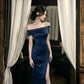 Chic Navy Sheath Off-The-Shoulder Slit Ruched Satin Dress Prom Dress Evening Dress L584