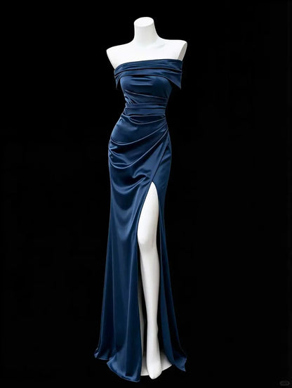 Chic Navy Sheath Off-The-Shoulder Slit Ruched Satin Dress Prom Dress Evening Dress L584