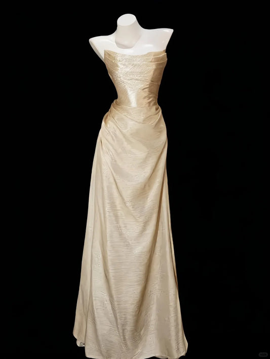 Pretty Golden Sheath Strapless Ruched Satin Dress Prom Dress Evening Dress L585