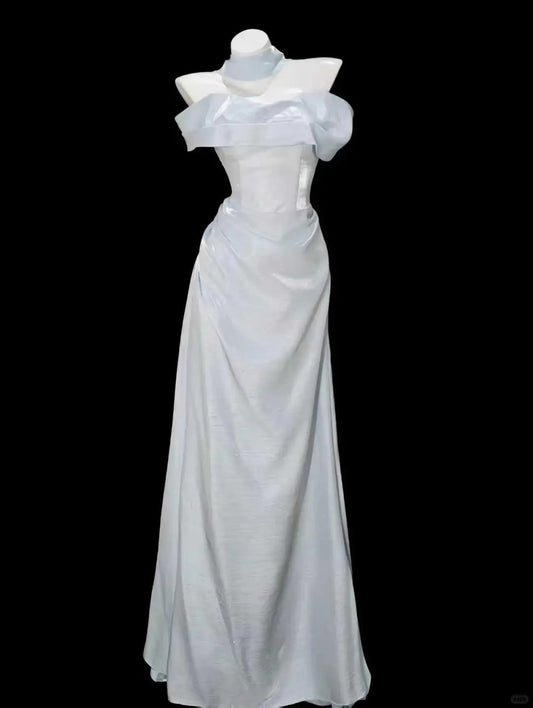 Elegant White A-Line Off-The-Shoulder Satin Dress Prom Evening Evening Dress L588