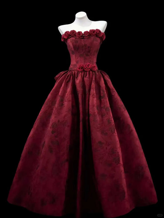 Elegant Burgundy Ball Gown Sweetheart Handmade Flowers Matte Satin Dress  Quinceanera Dress 16 L589