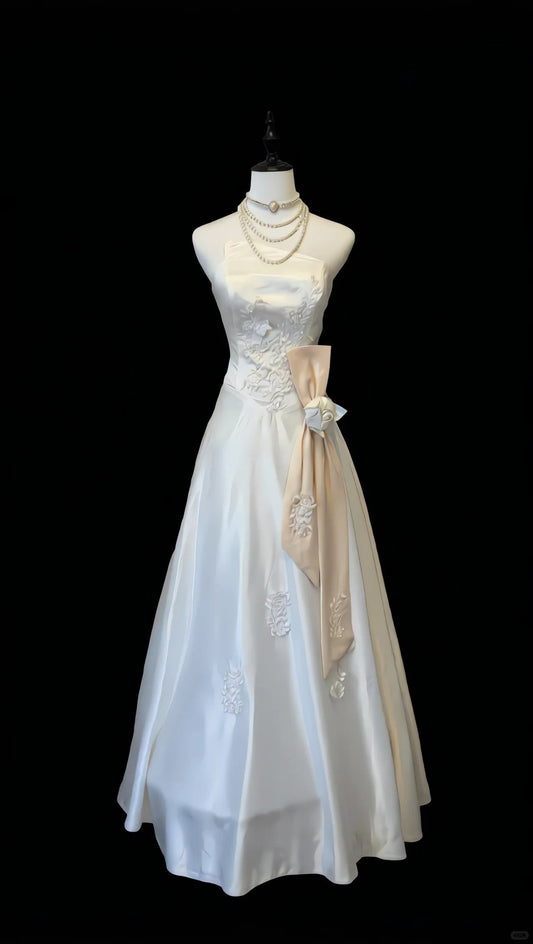 Modest White A-Line Asymmetrical Neck Appliques Bow Satin Dress Prom Dress Evening Dress L590