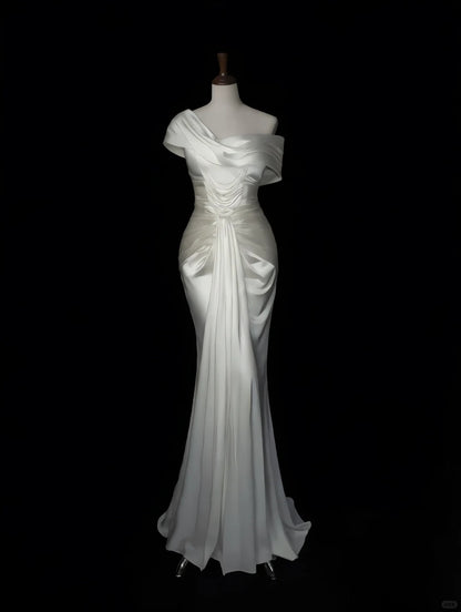 Pretty White Satin Wedding Dress Asymmetrical Neck Mermaid Ruched Ballroom Wedding Dress L592
