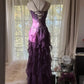 Classy Purple Sheath Strapless Beaded Appliques Tiered Ruffled Tulle Dress Prom Dress Evening Dress L593
