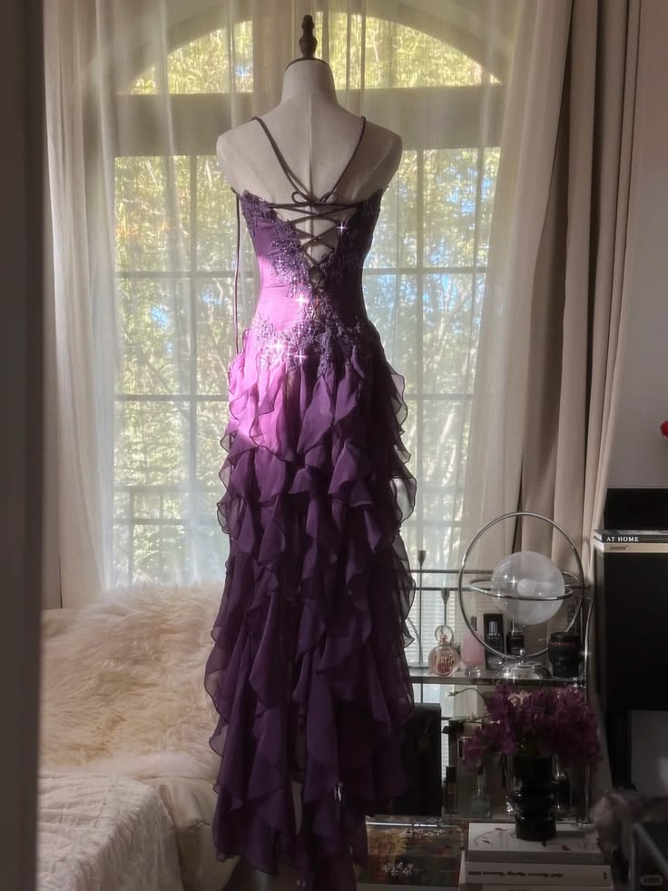 Classy Purple Sheath Strapless Beaded Appliques Tiered Ruffled Tulle Dress Prom Dress Evening Dress L593