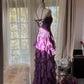 Classy Purple Sheath Strapless Beaded Appliques Tiered Ruffled Tulle Dress Prom Dress Evening Dress L593