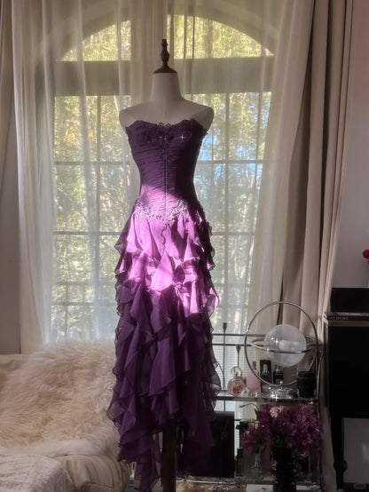 Classy Purple Sheath Strapless Beaded Appliques Tiered Ruffled Tulle Dress Prom Dress Evening Dress L593