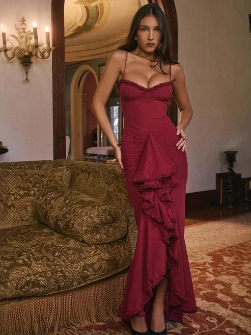 Chic Burgundy Mermaid Spaghetti Strap Ruffled Matte Satin Dress Prom Dress Evening Dress L594