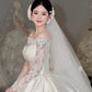 Elegant Ivory Satin Strapless Ball Gown Detachable Lace Sleeves Garden Wedding Dress L60