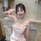 Sweet Pink A-Line Dress Strapless Draped Beaded Dress Prom Evening Dress L63