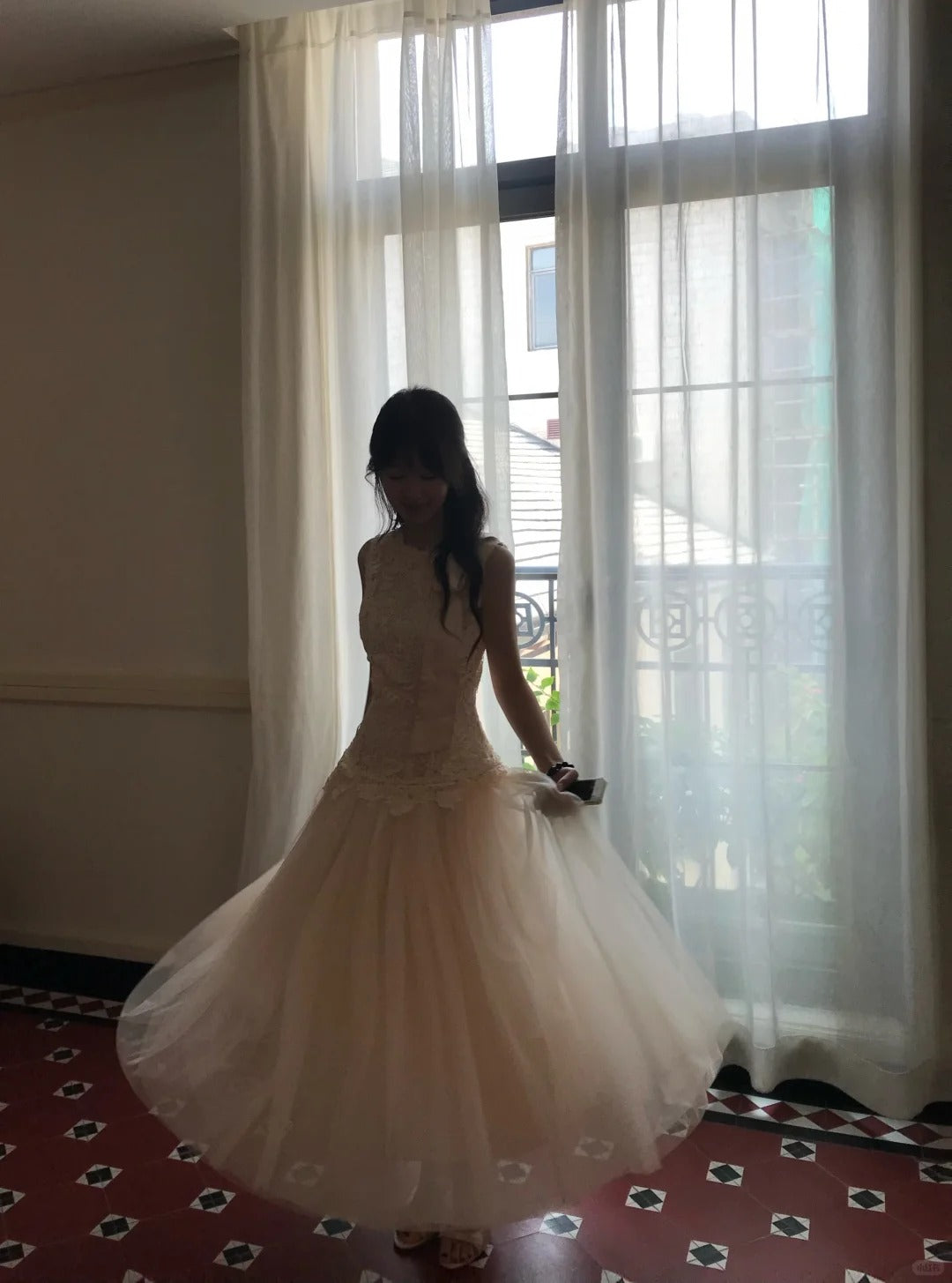 Delicate Ivory A-Line Round Neck Bow Lace Flowers Tulle Dress Prom Evening Dress L66