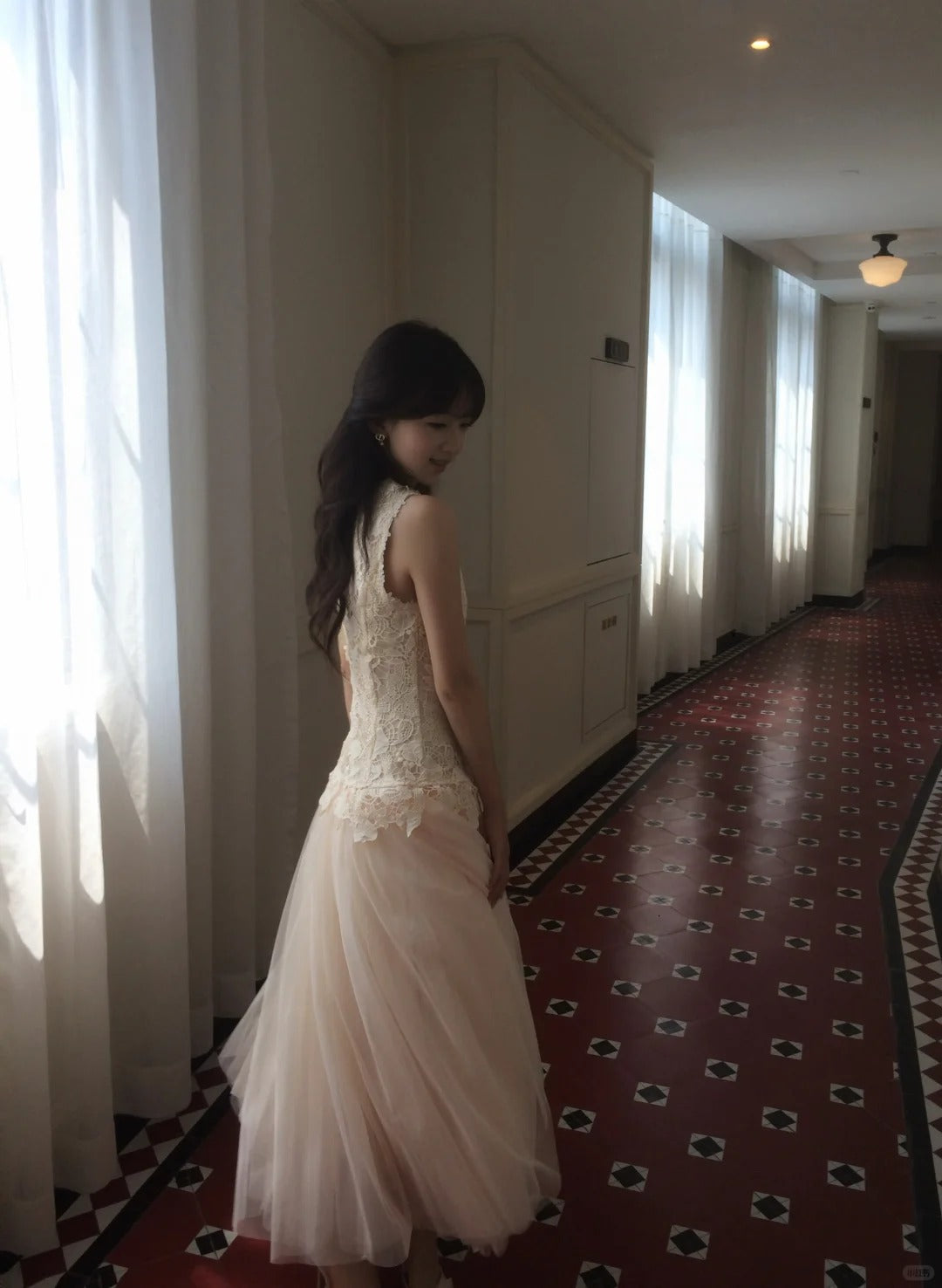 Delicate Ivory A-Line Round Neck Bow Lace Flowers Tulle Dress Prom Evening Dress L66