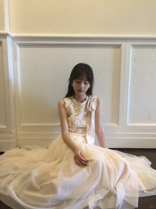 Delicate Ivory A-Line Round Neck Bow Lace Flowers Tulle Dress Prom Evening Dress L66