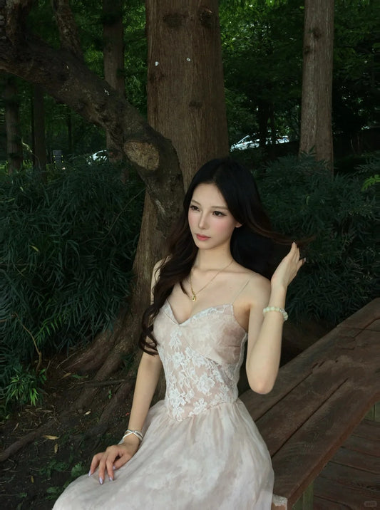 Sweet Light Pink A-Line Dress Spaghetti Straps Lace Jacquard Dress Prom Dress L67