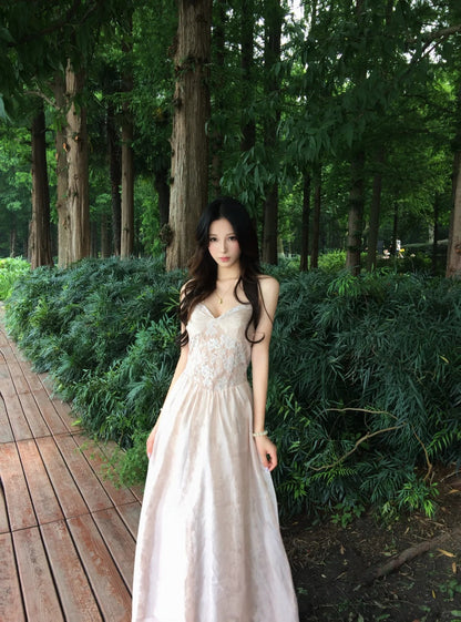 Sweet Light Pink A-Line Dress Spaghetti Straps Lace Jacquard Dress Prom Dress L67
