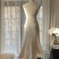 Pretty Ivory Mermaid Dress V-Neck Lace Floral Appliques Tulle Dress Prom Evening Dress L69