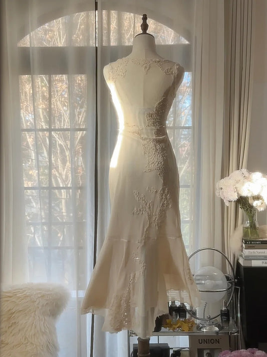 Pretty Ivory Mermaid Dress V-Neck Lace Floral Appliques Tulle Dress Prom Evening Dress L69