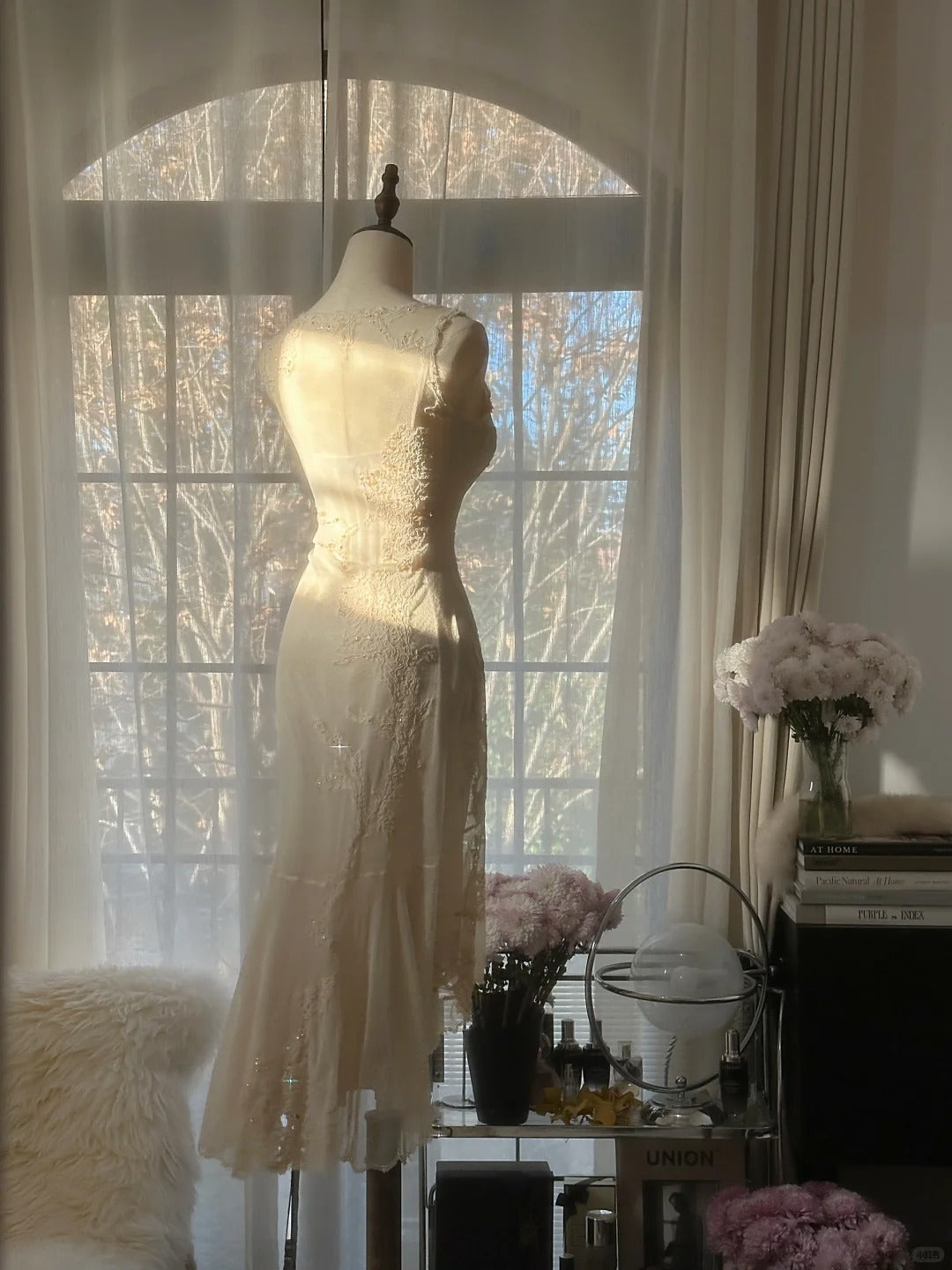 Pretty Ivory Mermaid Dress V-Neck Lace Floral Appliques Tulle Dress Prom Evening Dress L69