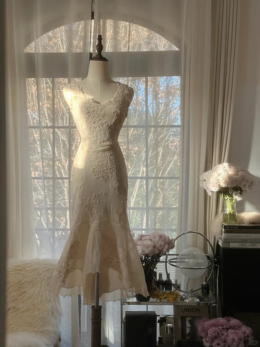 Pretty Ivory Mermaid Dress V-Neck Lace Floral Appliques Tulle Dress Prom Evening Dress L69