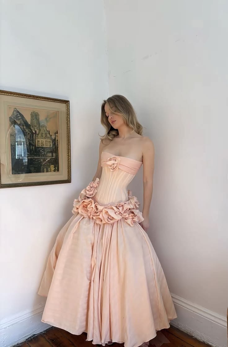 Princess Light Pink Ball Gown Strapless Handmade Flowers Satin Quinceanera Dress 16 L71