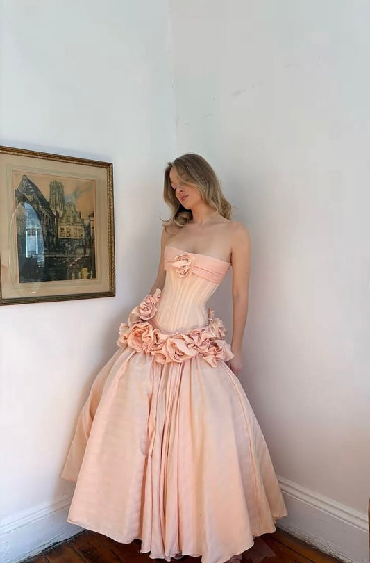 Princess Light Pink Ball Gown Strapless Handmade Flowers Satin Quinceanera Dress 16 L71
