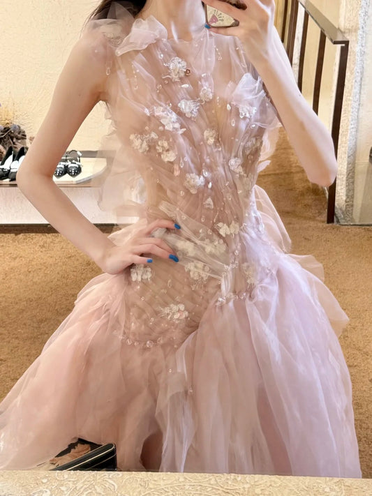 Fairy Light Pink Ball Gown Round Neck Handmade Flowers Sequins Rhinestone  Quinceanera Dress 16 L75