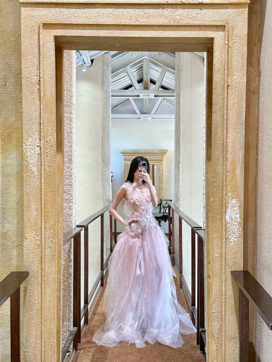 Fairy Light Pink Ball Gown Round Neck Handmade Flowers Sequins Rhinestone  Quinceanera Dress 16 L75