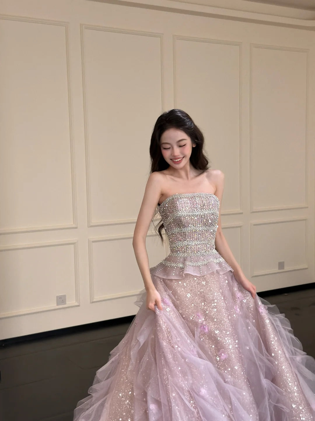Princess Light Pink Ball Gown Strapless Sequins Rhinestone Tulle Quinceanera Dress 16 L76