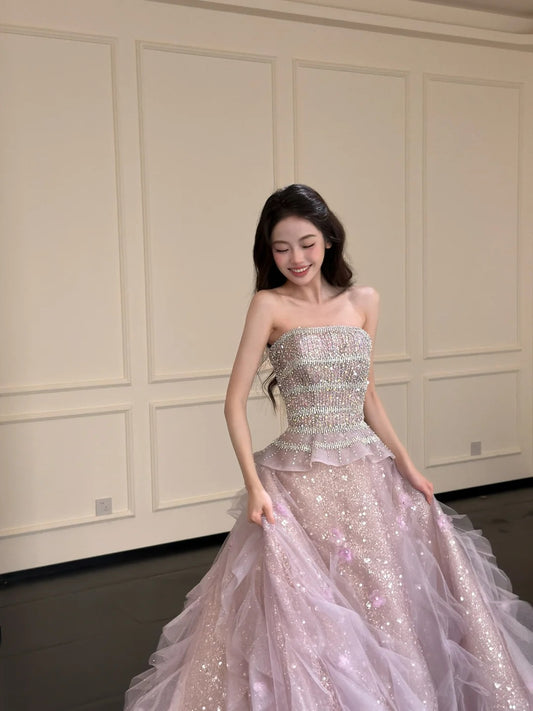 Princess Light Pink Ball Gown Strapless Sequins Rhinestone Tulle Quinceanera Dress 16 L76
